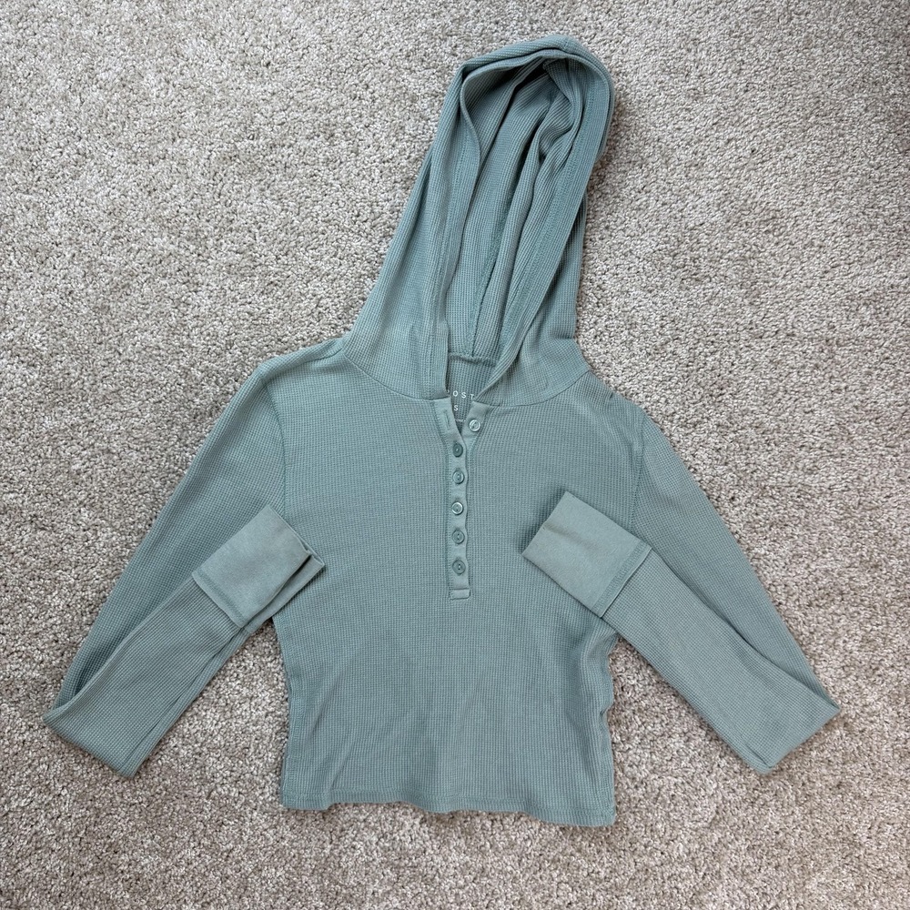 Aeropostale Shirt Womens XS Green Waffle Knit Hooded Henley Long Sleeve Cropped